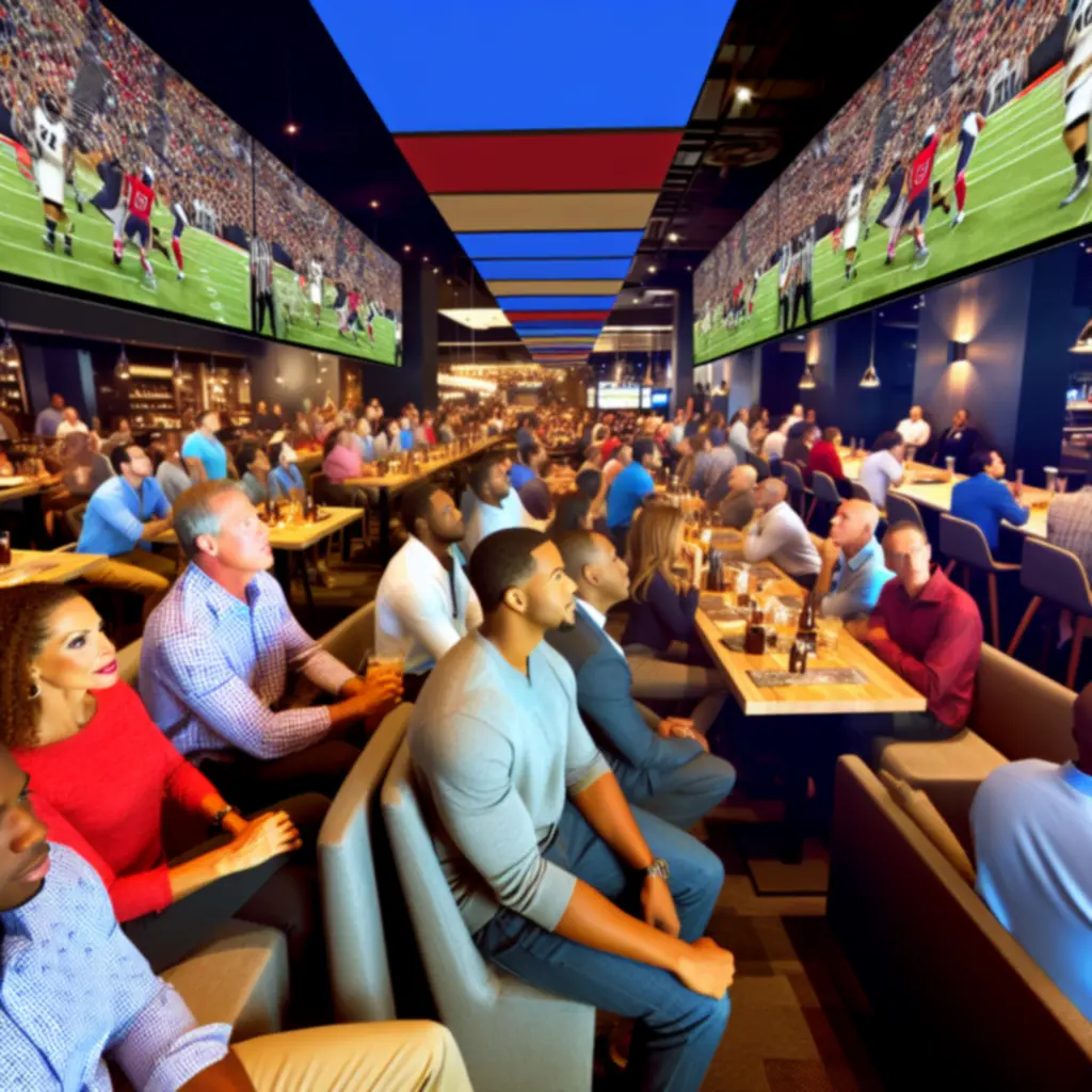 Duży ekran w Final Round Lounge z transmitowanym na żywo meczem sportowym i gośćmi kibicującymi przy stolikach