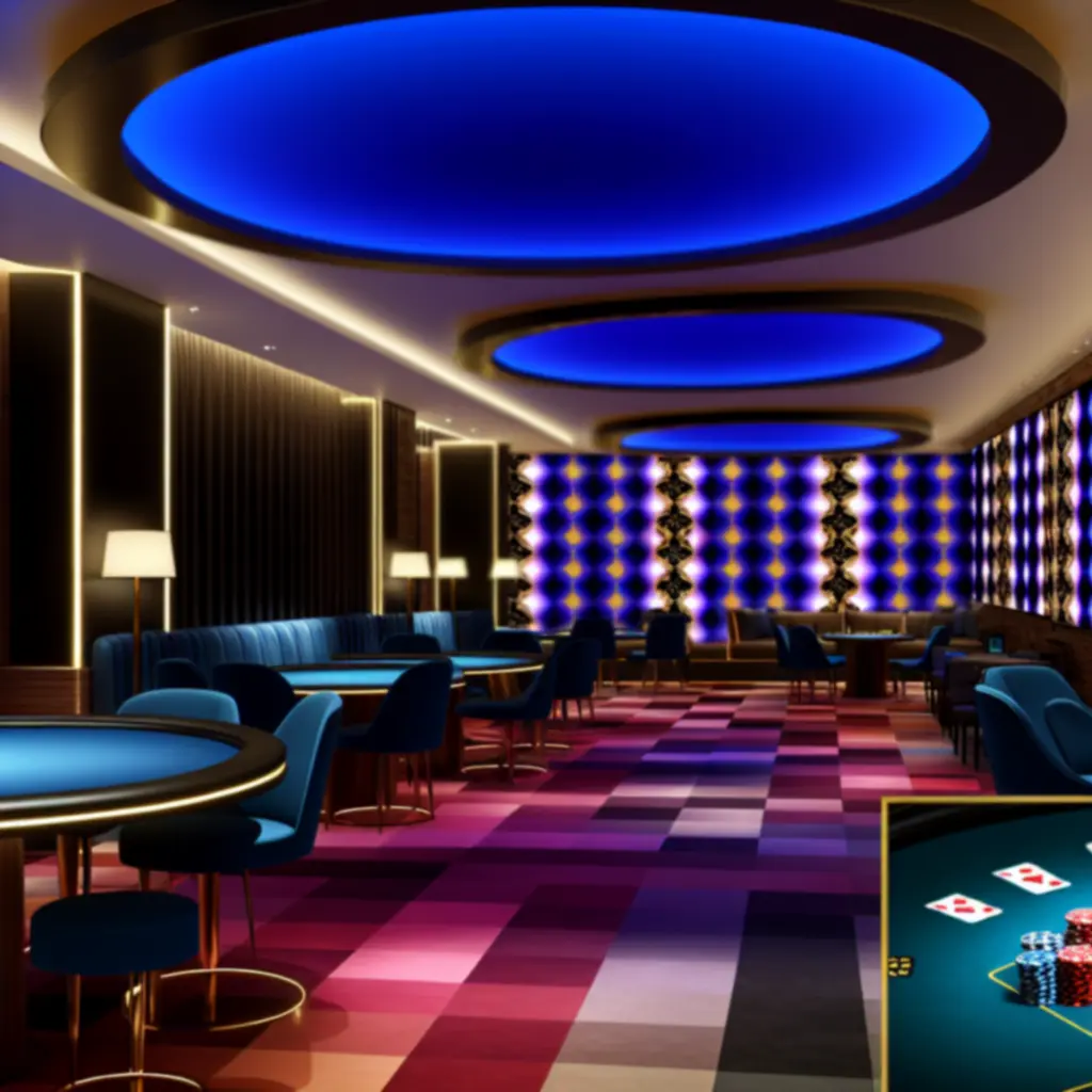 Wnętrze Final Round Lounge z oświetlonymi stolikami pokerowymi