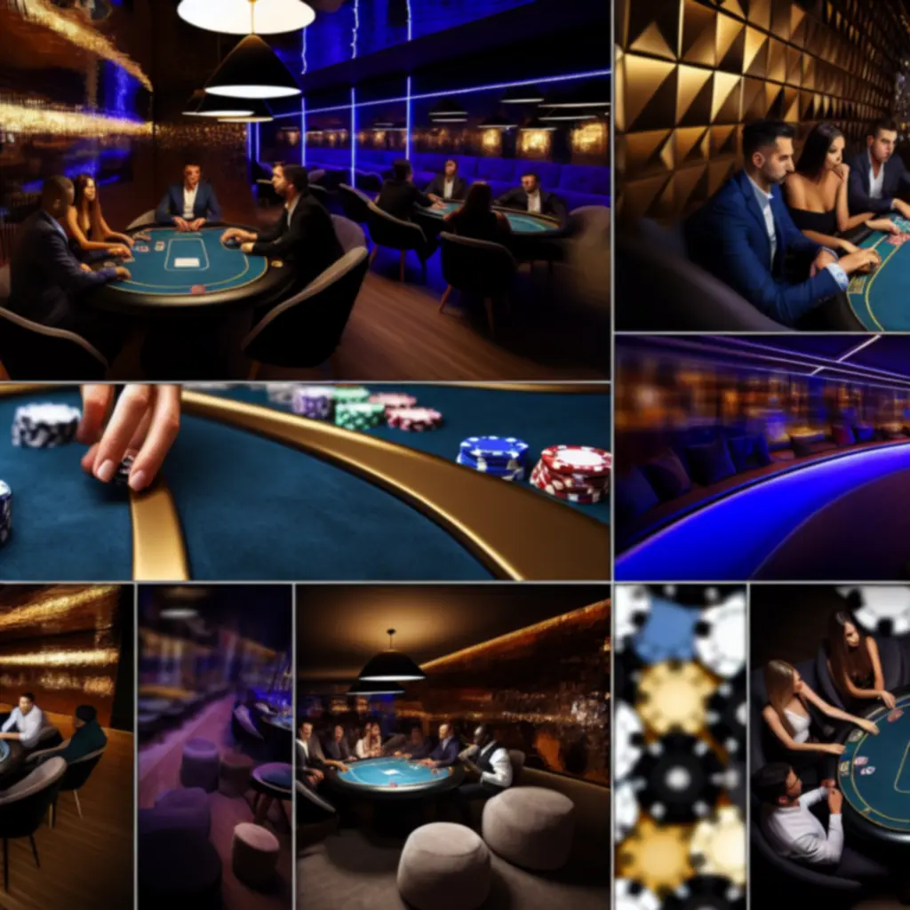 Nowoczesne stoły pokerowe w Final Round Lounge oświetlone wieczornym, klubowym światłem