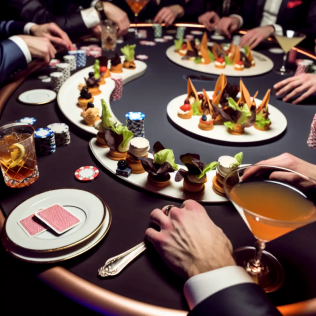 Koktajle i przekąski serwowane przy eleganckim stole pokerowym