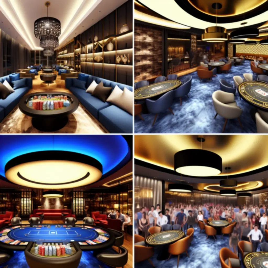 Luksusowe wnętrze Final Round Lounge z pokerowym stołem i ekranami sportowymi