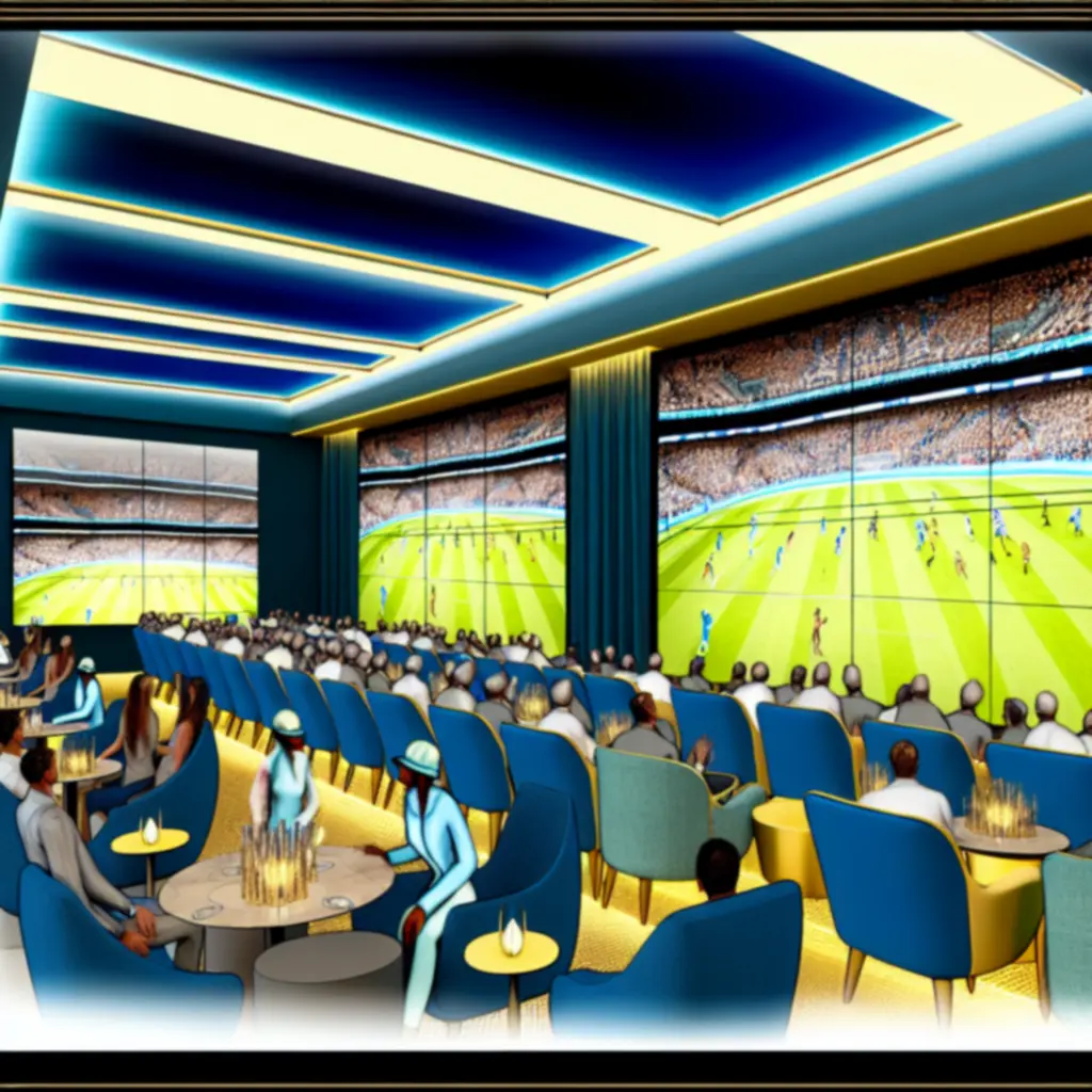Strefa sportowa z dużymi ekranami i gośćmi oglądającymi mecz