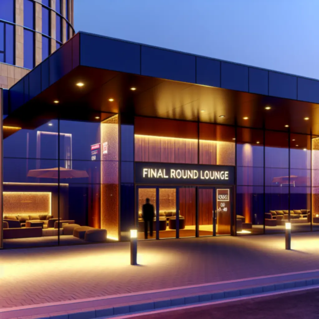 Wejście do Final Round Lounge o zmierzchu, podświetlone złotym światłem.